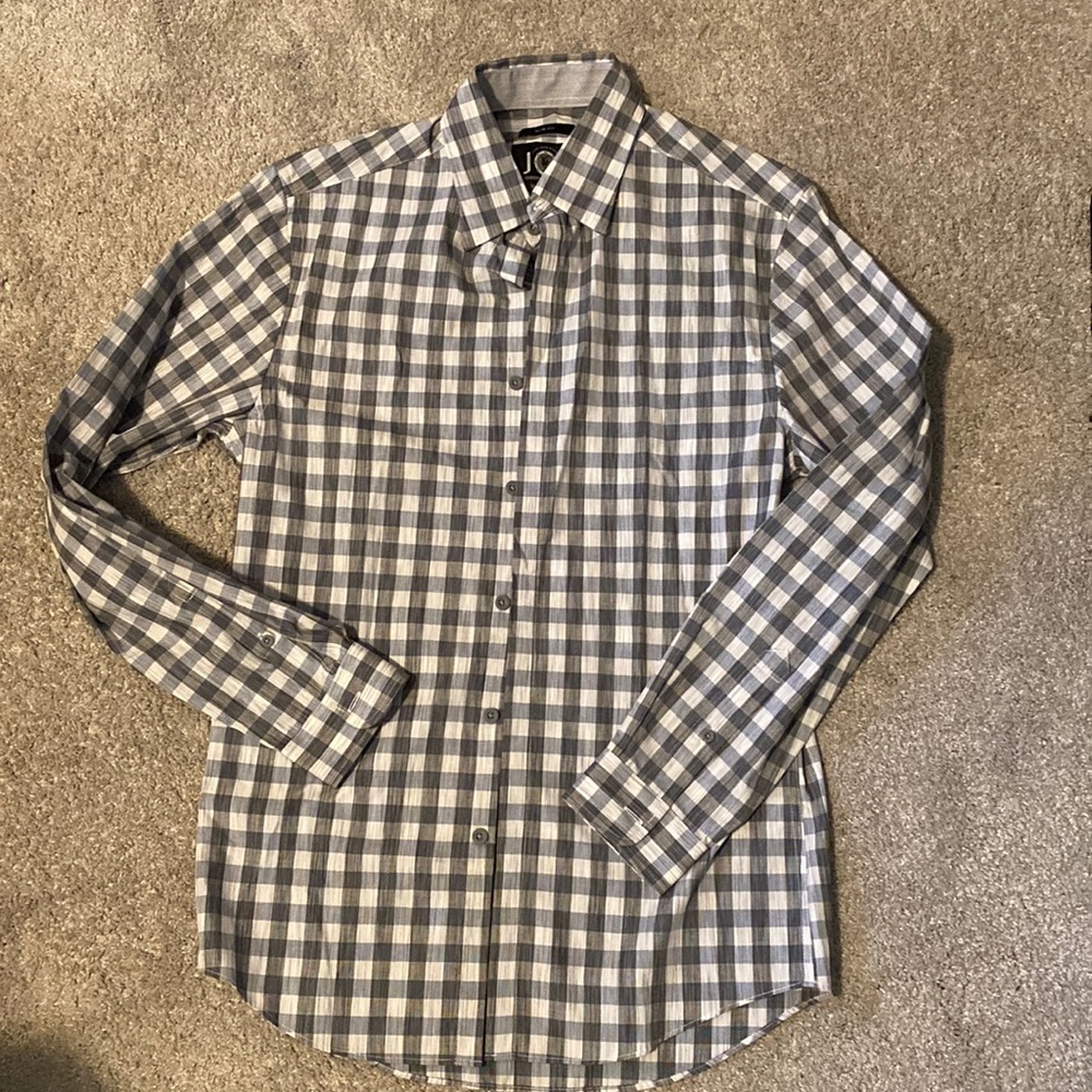 Joseph Abboud Slim Fit Button Down Sport Shirt, White, Grey & Blue Plaid, NWT